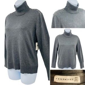 Retrology Turtleneck Heather Grey Sweater  Silver Zipper Detail  Sz M NWT